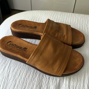 Tan leather slides